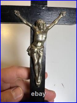 Vintage Mid-Century Crucifix Wood Base Metal Christ Figure Religious Altar Cross