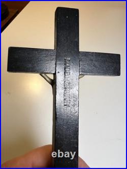 Vintage Mid-Century Crucifix Wood Base Metal Christ Figure Religious Altar Cross