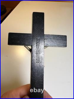 Vintage Mid-Century Crucifix Wood Base Metal Christ Figure Religious Altar Cross