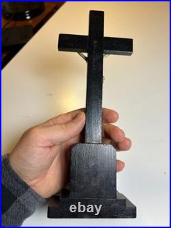Vintage Mid-Century Crucifix Wood Base Metal Christ Figure Religious Altar Cross