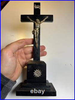 Vintage Mid-Century Crucifix Wood Base Metal Christ Figure Religious Altar Cross