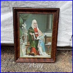 Vintage Religious Lithograph Framed 22 X 28 Folk Art Antique Church Painting