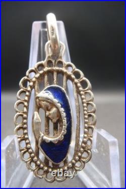 Vintage Silver 925 Virgin Mary Pendant Blue Enamel Beautiful Religious Jewelry