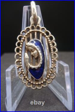 Vintage Silver 925 Virgin Mary Pendant Blue Enamel Beautiful Religious Jewelry