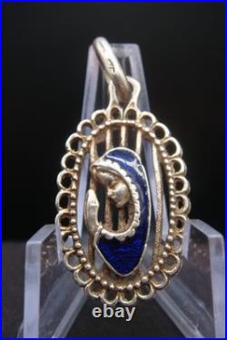 Vintage Silver 925 Virgin Mary Pendant Blue Enamel Beautiful Religious Jewelry