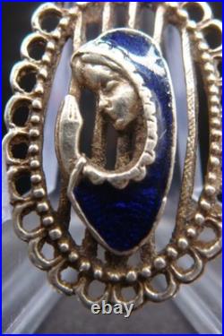 Vintage Silver 925 Virgin Mary Pendant Blue Enamel Beautiful Religious Jewelry