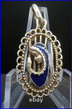 Vintage Silver 925 Virgin Mary Pendant Blue Enamel Beautiful Religious Jewelry