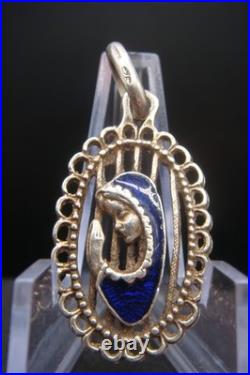 Vintage Silver 925 Virgin Mary Pendant Blue Enamel Beautiful Religious Jewelry