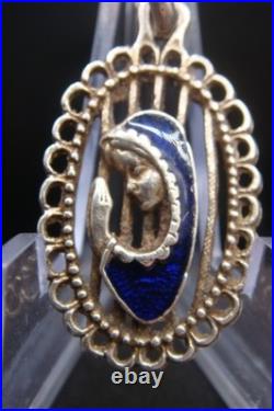 Vintage Silver 925 Virgin Mary Pendant Blue Enamel Beautiful Religious Jewelry