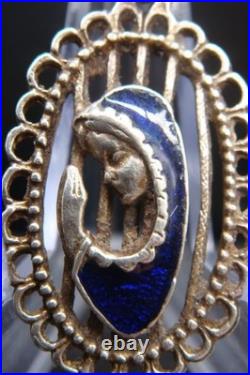 Vintage Silver 925 Virgin Mary Pendant Blue Enamel Beautiful Religious Jewelry