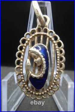 Vintage Silver 925 Virgin Mary Pendant Blue Enamel Beautiful Religious Jewelry