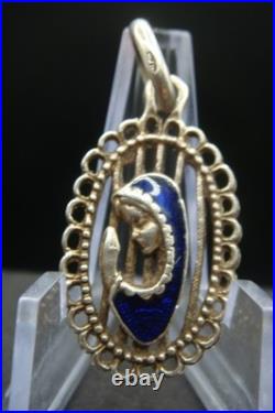 Vintage Silver 925 Virgin Mary Pendant Blue Enamel Beautiful Religious Jewelry