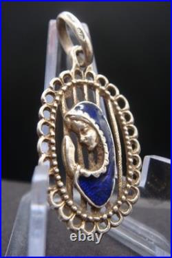 Vintage Silver 925 Virgin Mary Pendant Blue Enamel Beautiful Religious Jewelry