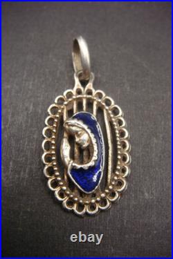 Vintage Silver 925 Virgin Mary Pendant Blue Enamel Beautiful Religious Jewelry