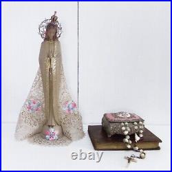 Vintage Virgin Mary Fatima beige Slim statue Crochet roses mantle Halo crown