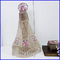 Vintage Virgin Mary Fatima beige Slim statue Crochet roses mantle Halo crown