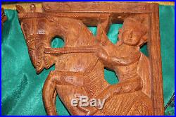Vintage Wood Carved Hindu Religious Wall Shelf Brackets-God Horse Elephant-Pair