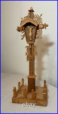 Vintage hand carved wood tramp art style religious altar crucifix altar cross