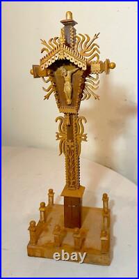 Vintage hand carved wood tramp art style religious altar crucifix altar cross