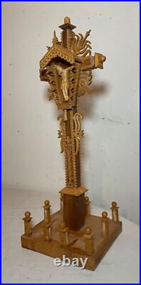 Vintage hand carved wood tramp art style religious altar crucifix altar cross