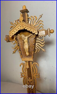 Vintage hand carved wood tramp art style religious altar crucifix altar cross