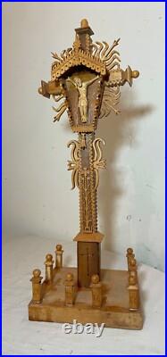 Vintage hand carved wood tramp art style religious altar crucifix altar cross