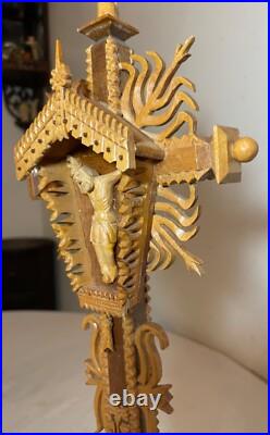 Vintage hand carved wood tramp art style religious altar crucifix altar cross
