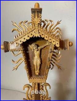 Vintage hand carved wood tramp art style religious altar crucifix altar cross