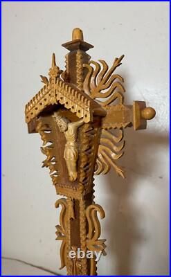 Vintage hand carved wood tramp art style religious altar crucifix altar cross