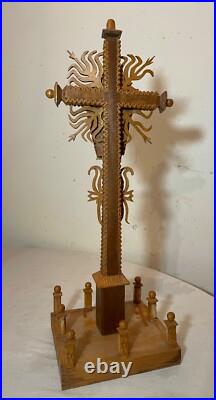 Vintage hand carved wood tramp art style religious altar crucifix altar cross