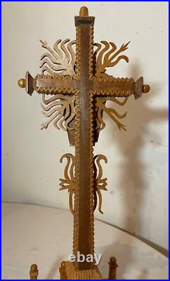 Vintage hand carved wood tramp art style religious altar crucifix altar cross