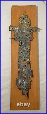 Vintage handmade bronze brutalist religious crucifix cross wall sculpture art