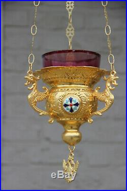 Vintage religious sanctuary Altar Lamp neo gothic dragon enamel cross