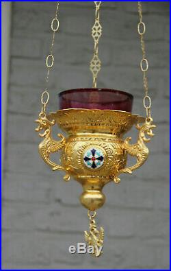 Vintage religious sanctuary Altar Lamp neo gothic dragon enamel cross