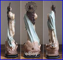 Virgin Mary Immaculate 20.2 Wood Three Angeles Crescent Moon Religious Antique