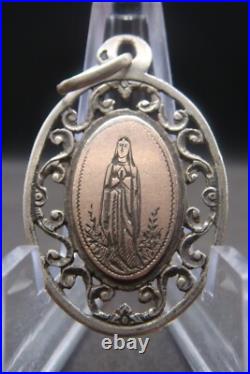 Virgin Mary Lourdes Apparition Antique Silver Religious Beautiful Medal Pendant