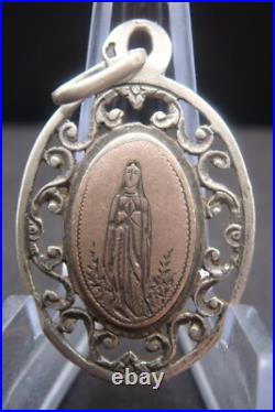 Virgin Mary Lourdes Apparition Antique Silver Religious Beautiful Medal Pendant