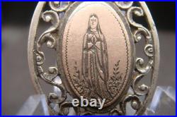 Virgin Mary Lourdes Apparition Antique Silver Religious Beautiful Medal Pendant