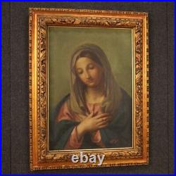 Virgin painting oil on canvas, religious framework signed dated antique style