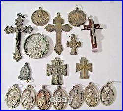 Vtg Antique 17 Religious Medals & Crosses Crucifixes