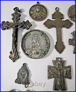 Vtg Antique 17 Religious Medals & Crosses Crucifixes