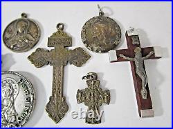 Vtg Antique 17 Religious Medals & Crosses Crucifixes