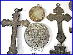 Vtg Antique 17 Religious Medals & Crosses Crucifixes