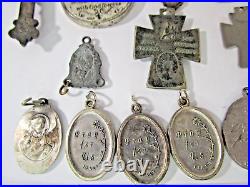 Vtg Antique 17 Religious Medals & Crosses Crucifixes