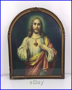 Vtg Antique 30s Sacred Heart of Jesus Framed Litho Lithograph Print Gesso Art