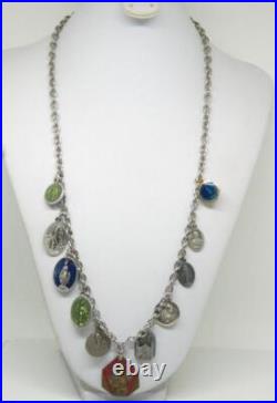 Vtg Antique Art Nouveau CATHOLIC Religious Medal Multi 20 Charm Necklace Enamel