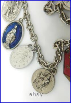 Vtg Antique Art Nouveau CATHOLIC Religious Medal Multi 20 Charm Necklace Enamel