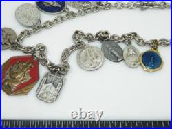 Vtg Antique Art Nouveau CATHOLIC Religious Medal Multi 20 Charm Necklace Enamel