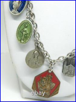 Vtg Antique Art Nouveau CATHOLIC Religious Medal Multi 20 Charm Necklace Enamel