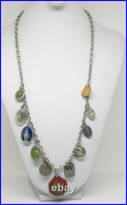Vtg Antique Art Nouveau CATHOLIC Religious Medal Multi 20 Charm Necklace Enamel